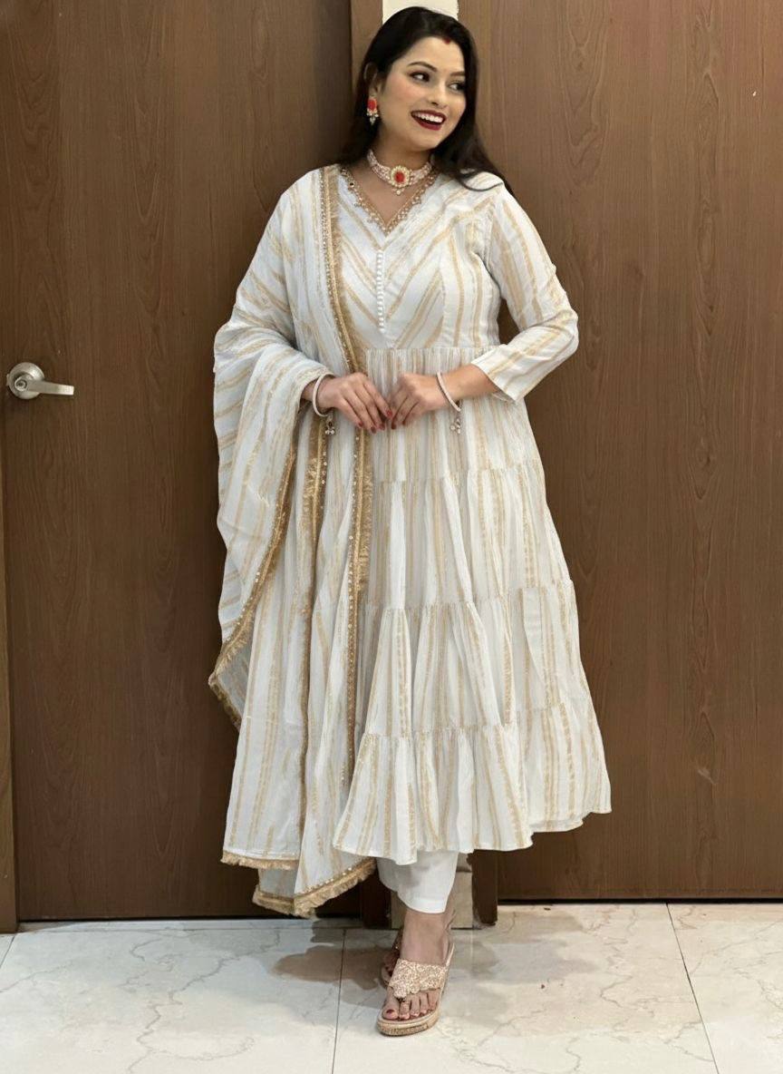 Ivory Color Mal Chanderi Ruffle Flaired Gown | Nardev Fashion