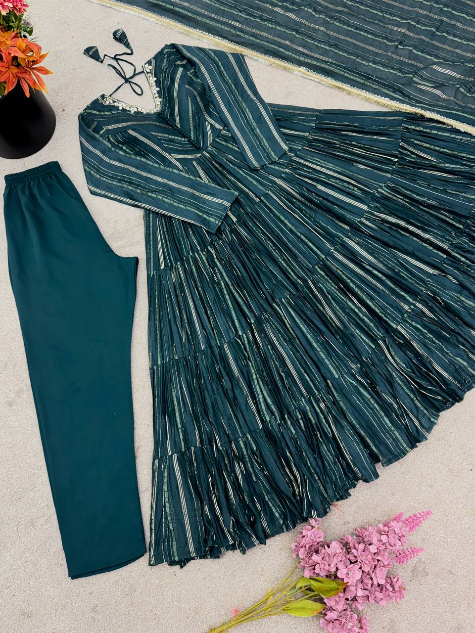 Petrol Blue Color Mal Chanderi Ruffle Flaired Gown | Nardev Fashion