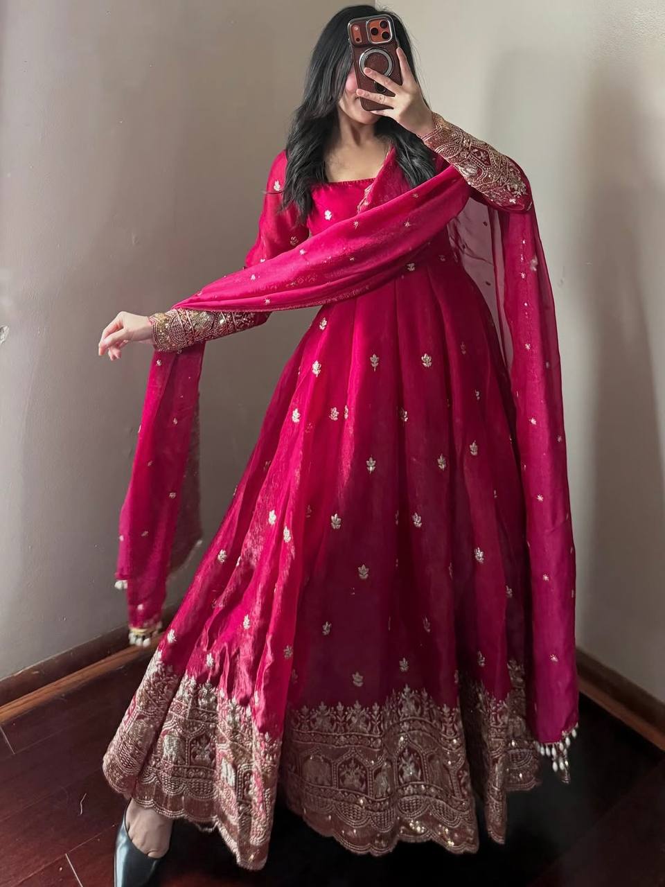 Rani Pink Embroidered Party Wear Anarkali with Dupatta & Pant for Women