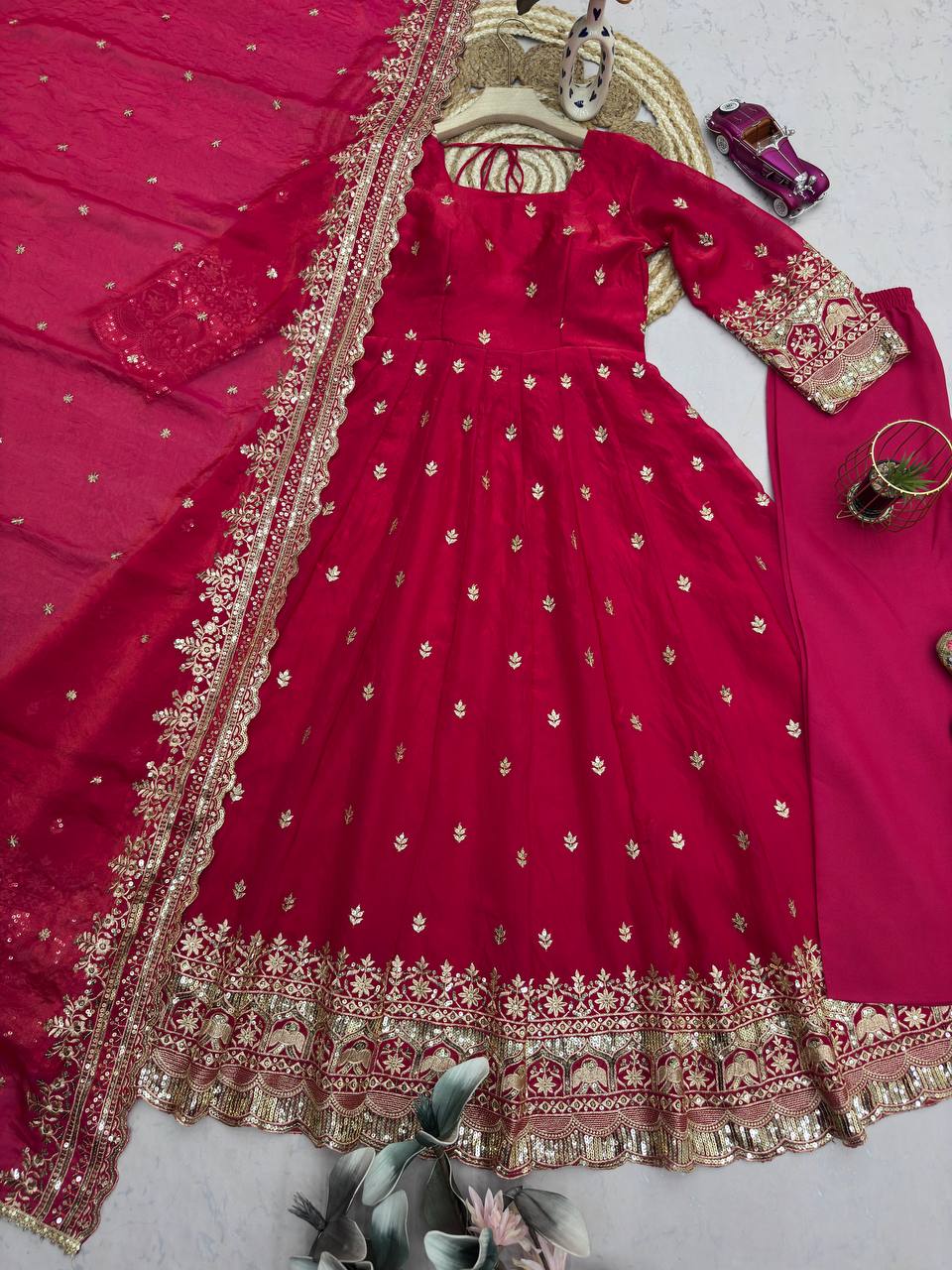 Rani Pink Embroidered Party Wear Anarkali with Dupatta & Pant for Women
