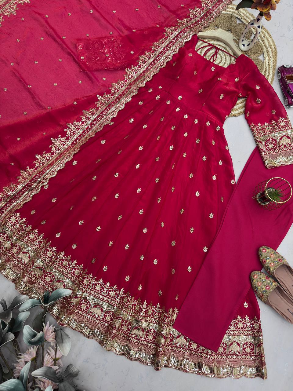 Rani Pink Embroidered Party Wear Anarkali with Dupatta & Pant for Women