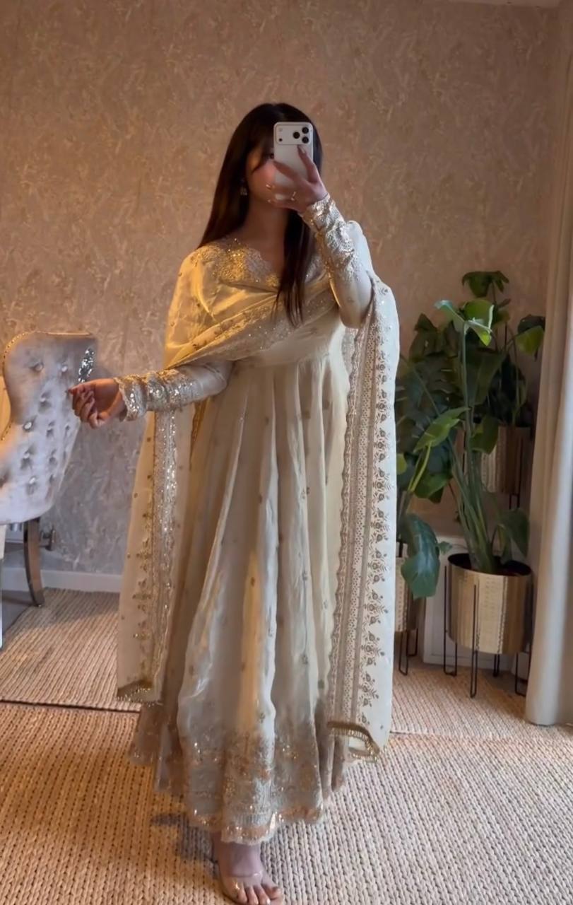 Ivory Embroidered Fendy Silk Anarkali with Dupatta & Pant for Women