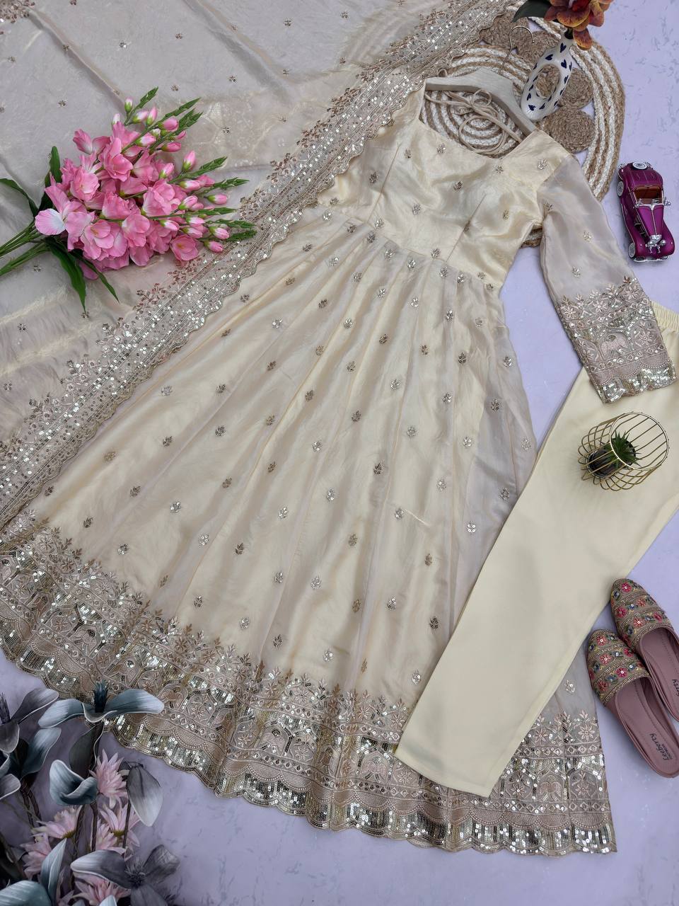Ivory Embroidered Fendy Silk Anarkali with Dupatta & Pant for Women