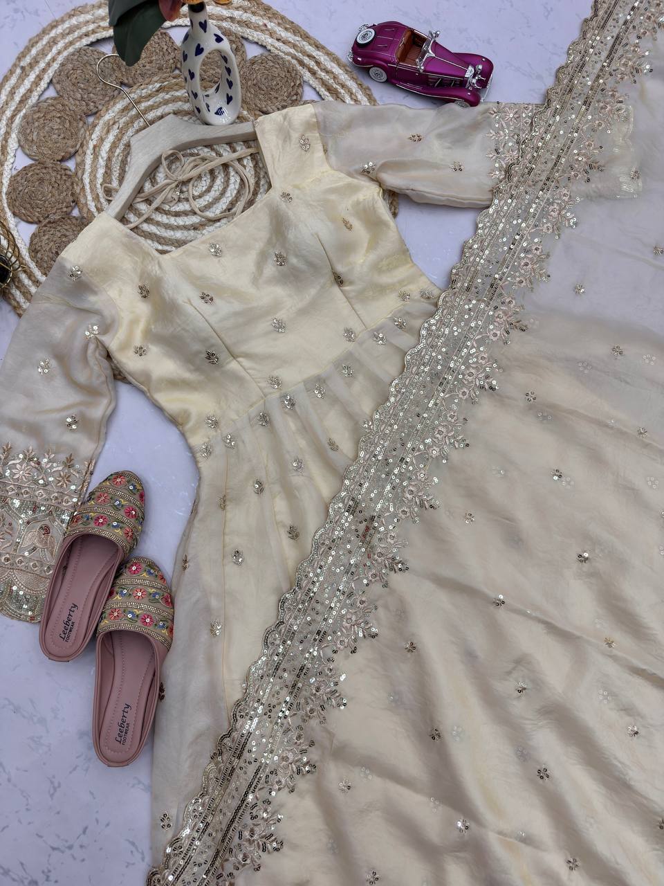 Ivory Embroidered Fendy Silk Anarkali with Dupatta & Pant for Women