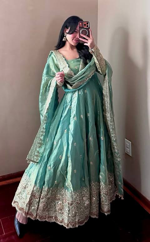 Mint Green Embroidered Fendy Silk Anarkali with Dupatta & Pant for Women