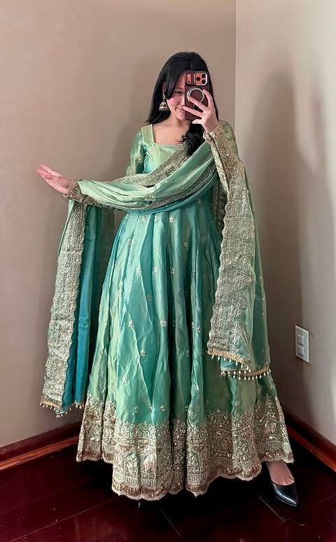 Mint Green Embroidered Fendy Silk Anarkali with Dupatta & Pant for Women