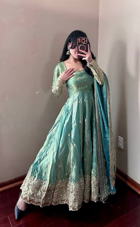 Mint Green Embroidered Fendy Silk Anarkali with Dupatta & Pant for Women