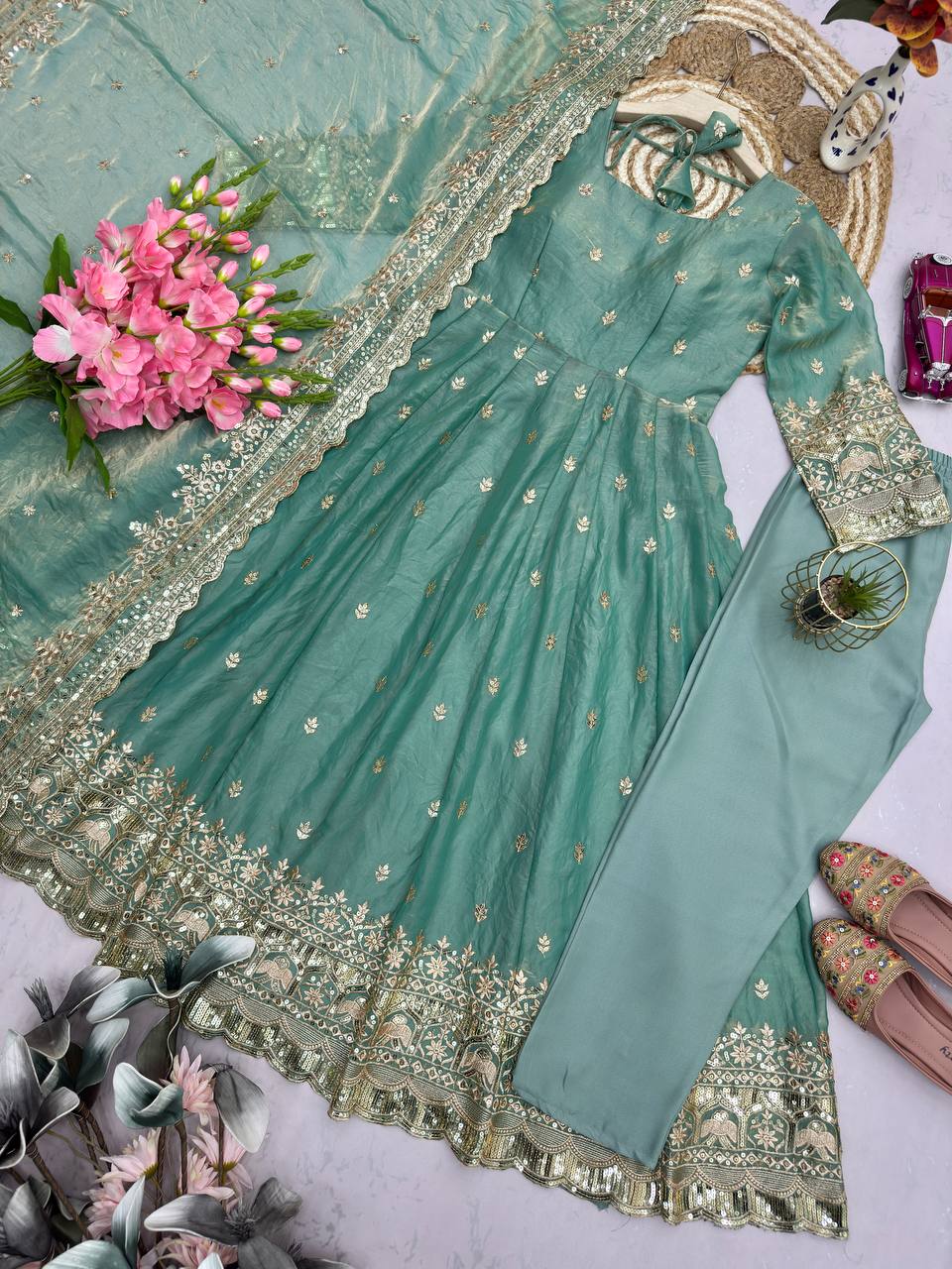 Mint Green Embroidered Fendy Silk Anarkali with Dupatta & Pant for Women