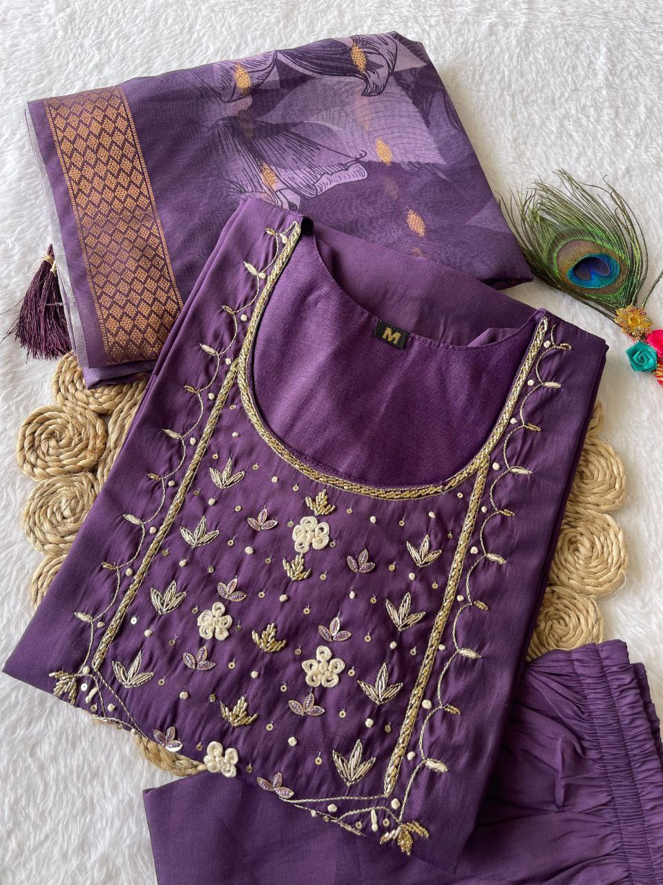 Light Purple Handwork Kurti Pant Dupatta Set