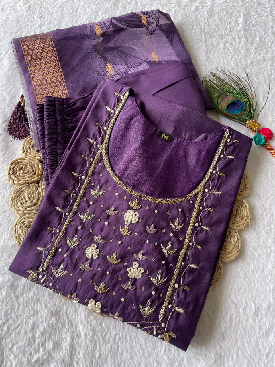 Light Purple Handwork Kurti Pant Dupatta Set