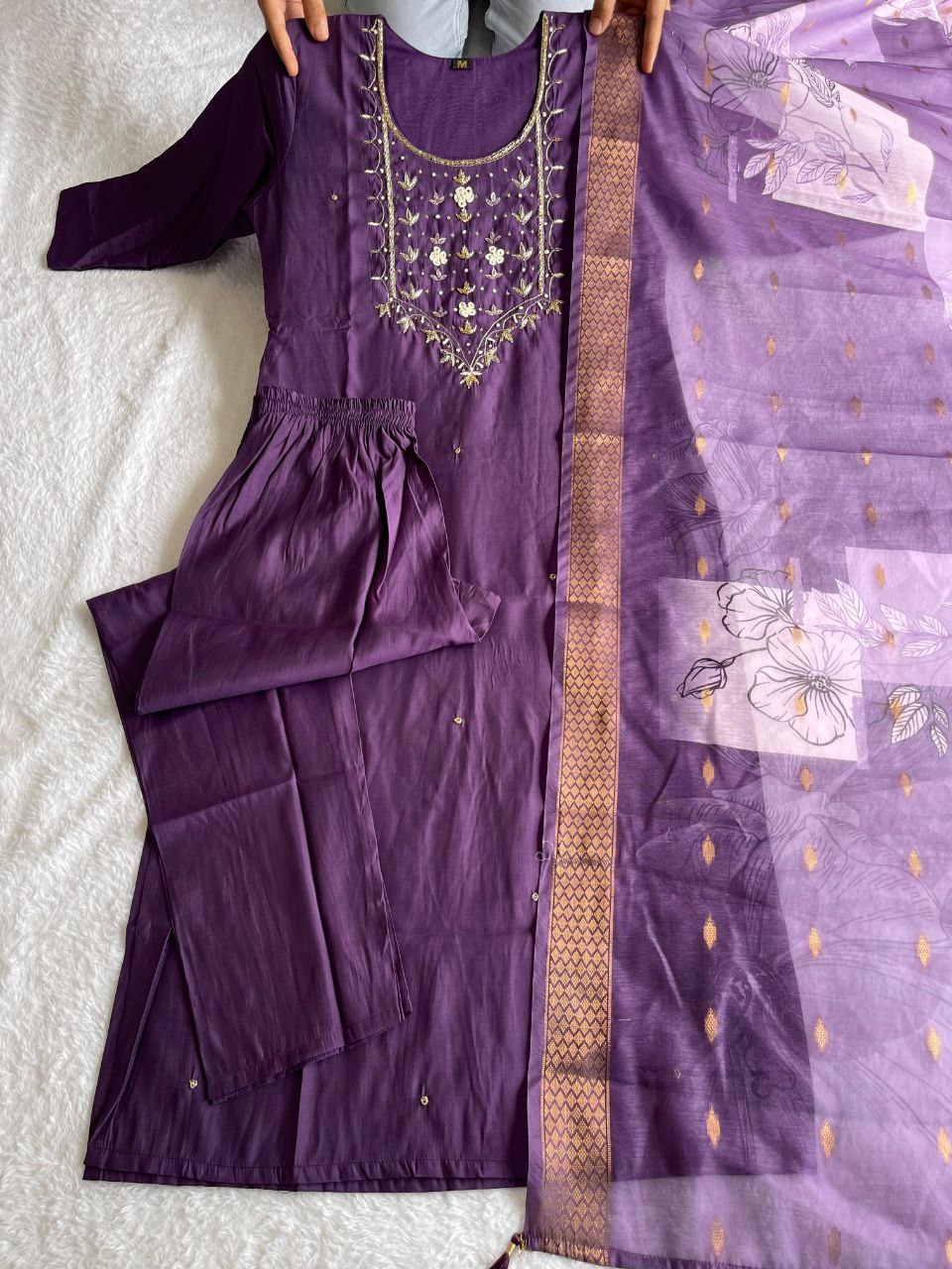 Light Purple Handwork Kurti Pant Dupatta Set