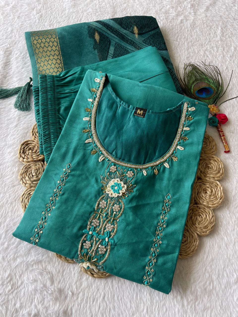 Rama Handwork Kurti Pant Dupatta Set