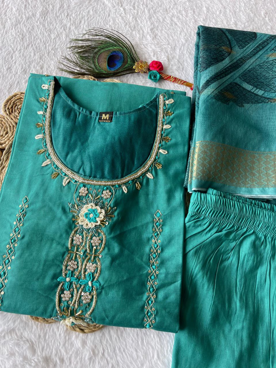 Rama Handwork Kurti Pant Dupatta Set