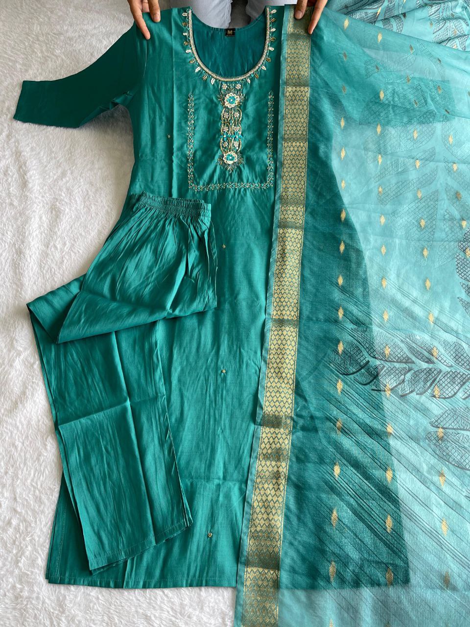 Rama Handwork Kurti Pant Dupatta Set