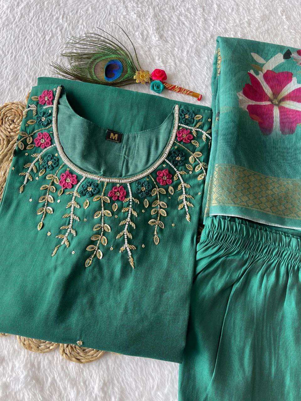 Floral Embroidered Panelled Thread Work Kurta With Trousers & Dupatta