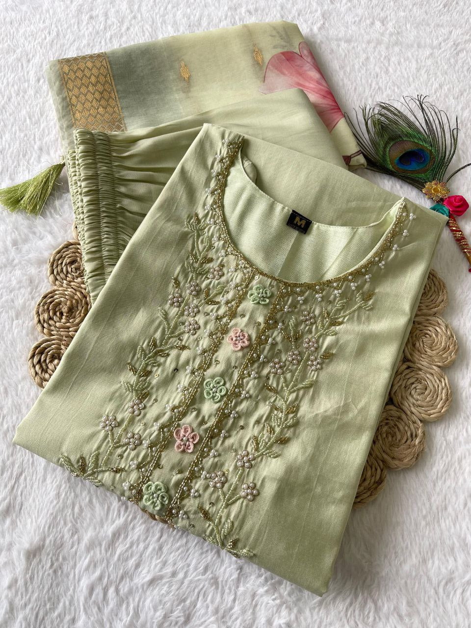 Light Pista Handwork Kurta Churidar Set