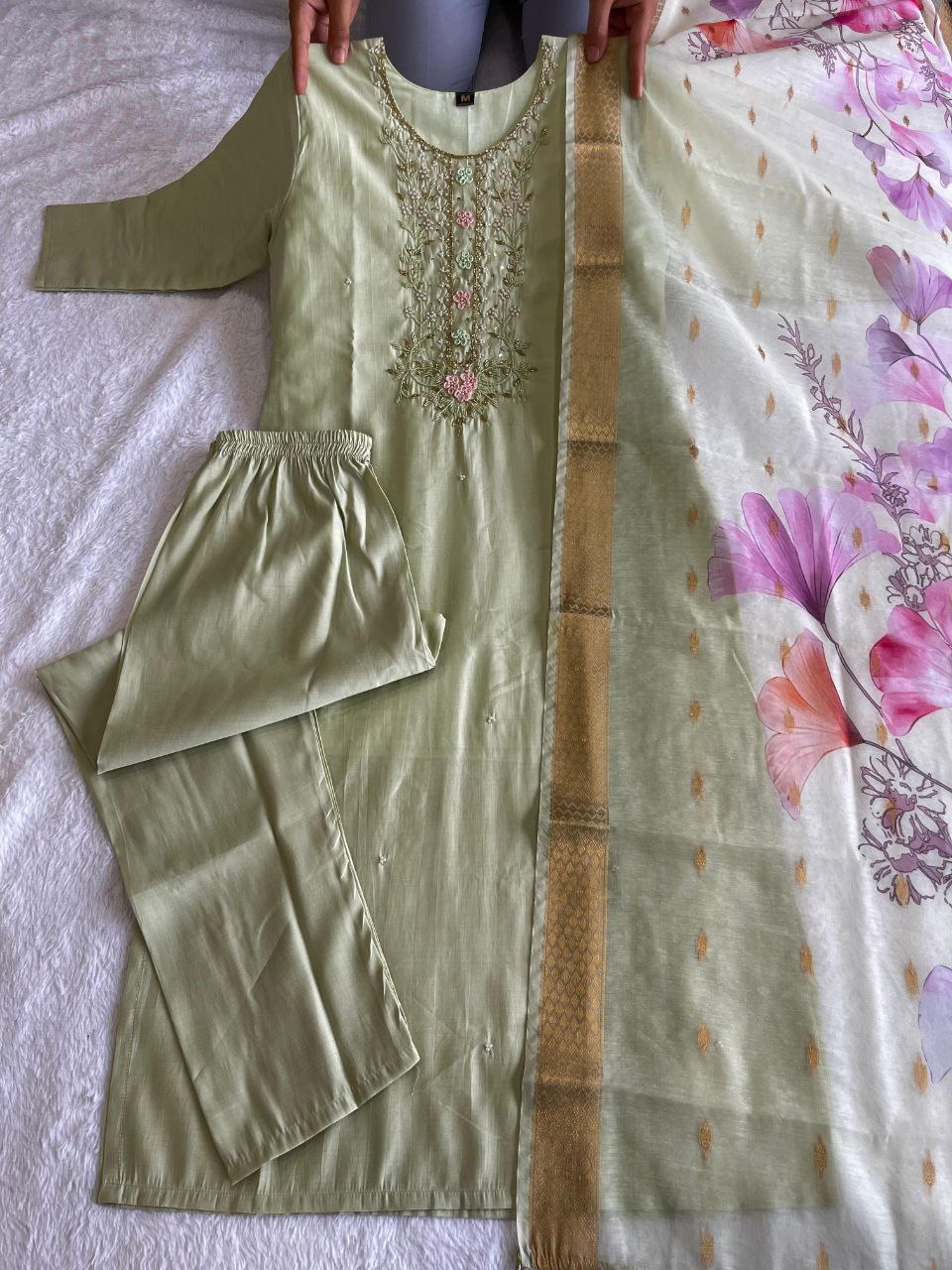 Light Pista Handwork Kurta Churidar Set