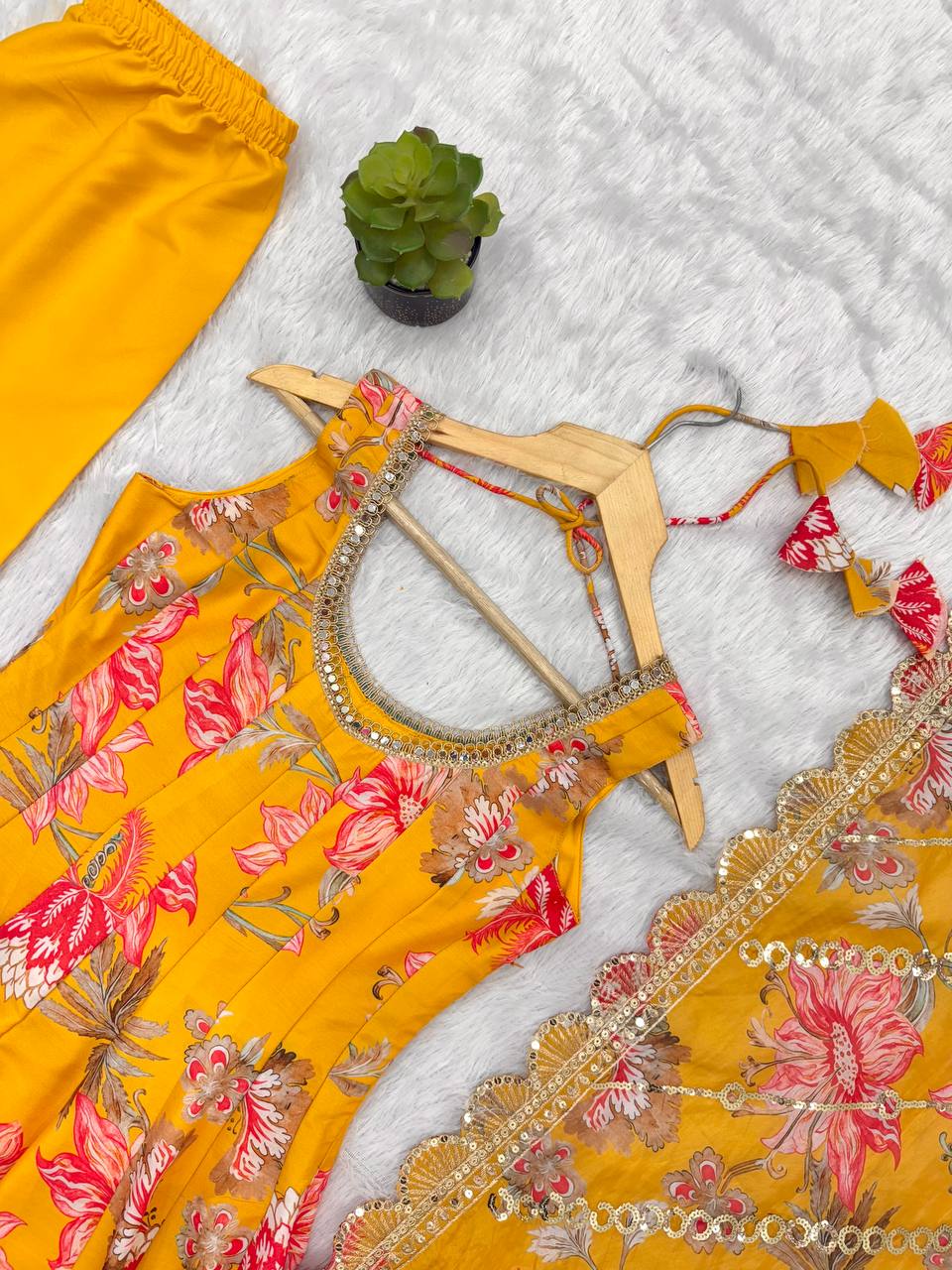 Yellow Floral Print Kali Cut Anarkali Suit with Organza Dupatta & Pant Set for Women