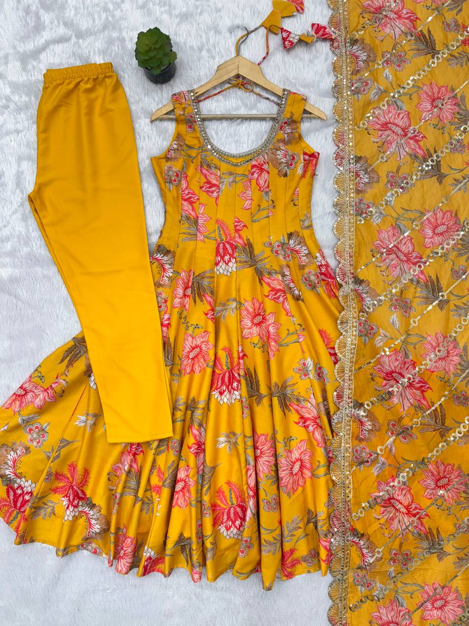 Yellow Floral Print Kali Cut Anarkali Suit with Organza Dupatta & Pant Set for Women