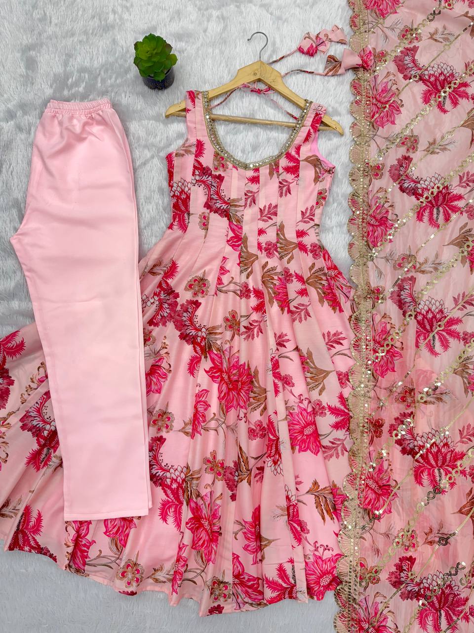 Pink Floral Print Kali Cut Anarkali Suit with Organza Dupatta & Pant Set for Women