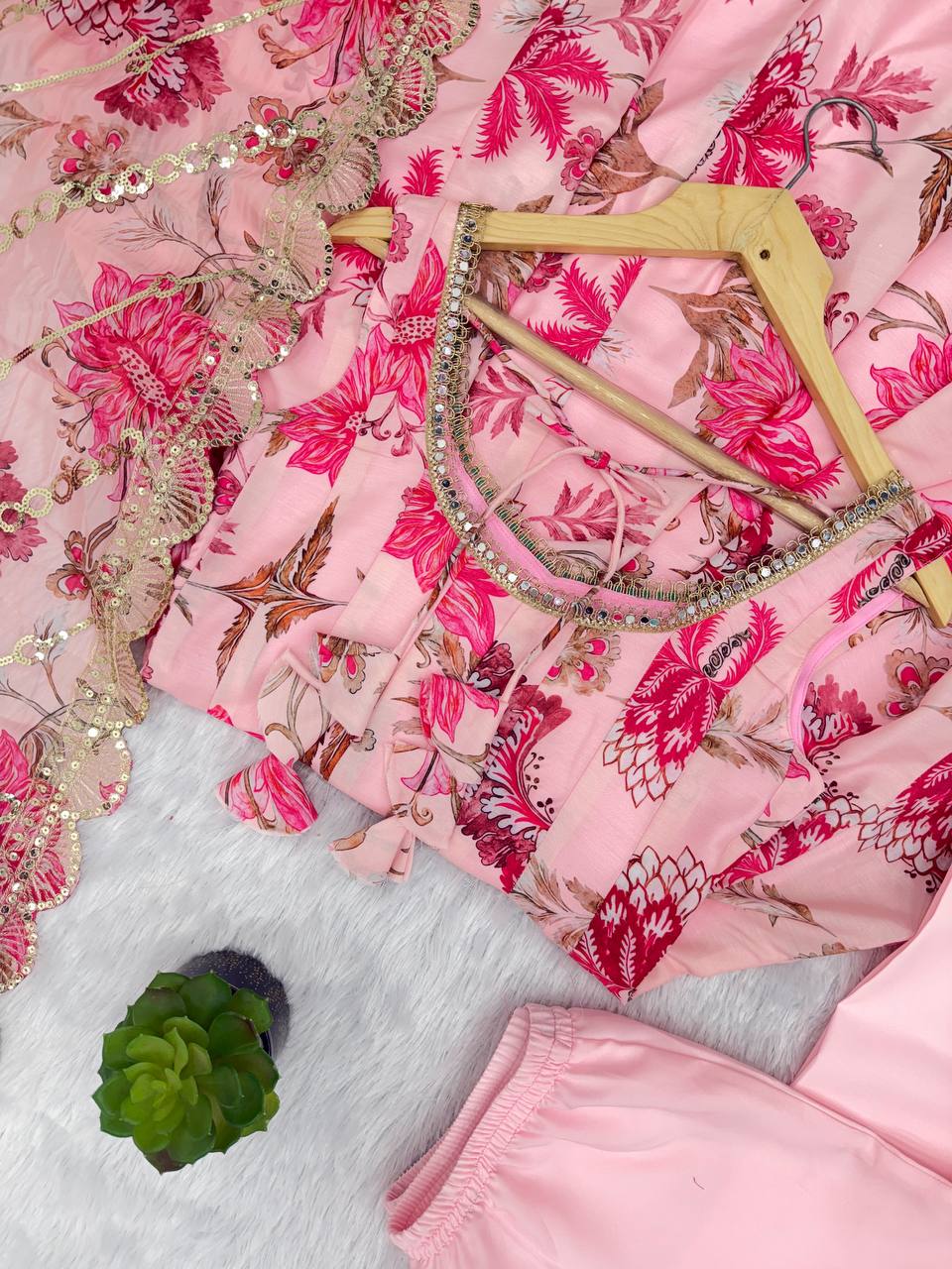 Pink Floral Print Kali Cut Anarkali Suit with Organza Dupatta & Pant Set for Women