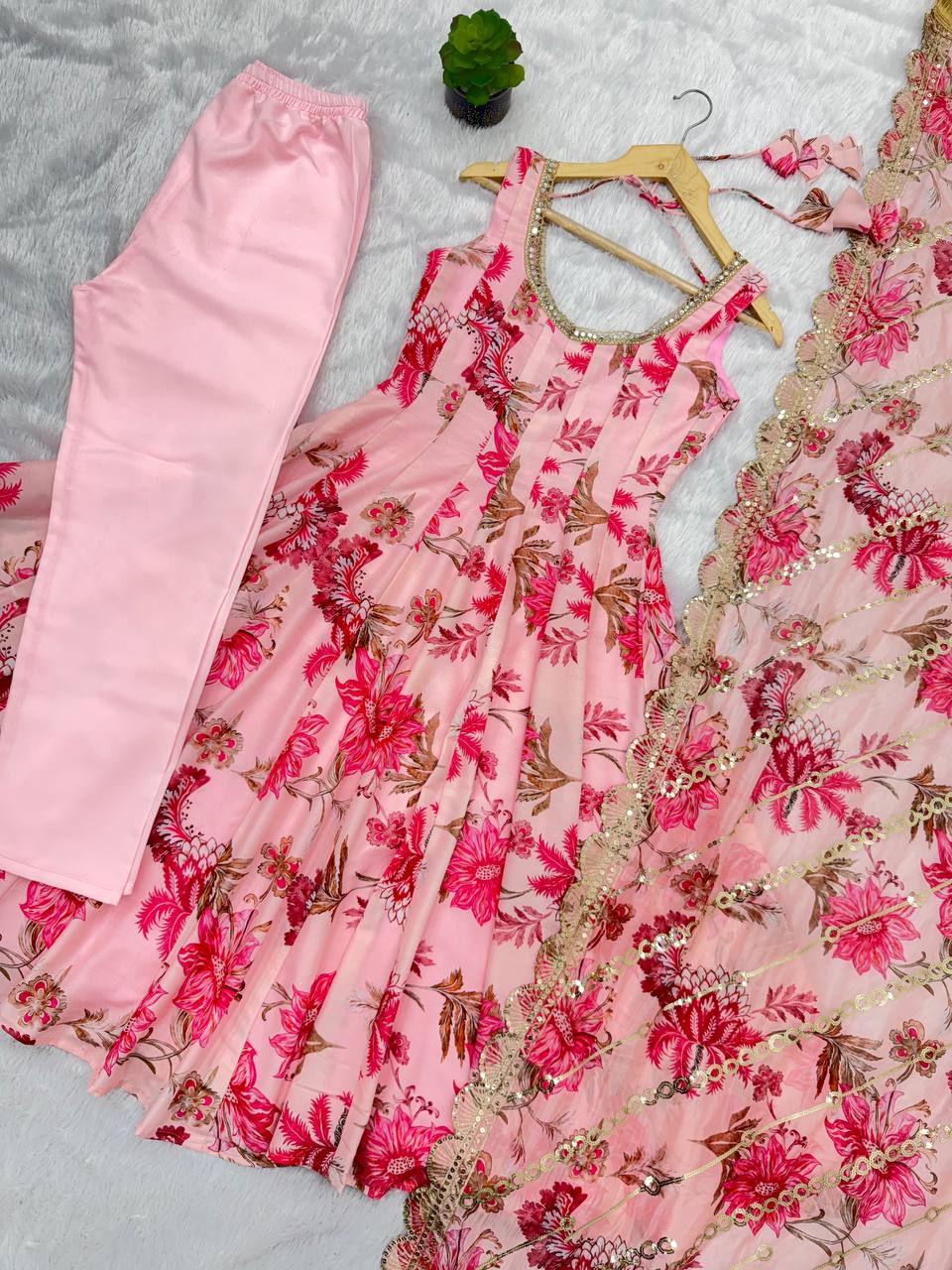 Pink Floral Print Kali Cut Anarkali Suit with Organza Dupatta & Pant Set for Women