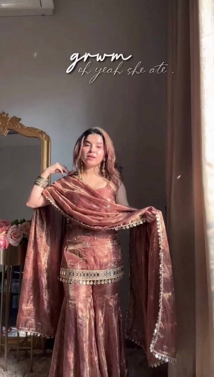 Dusty Rose Color Fendy Silk Sharara Set with Mirror Work for Women | Festive Wear