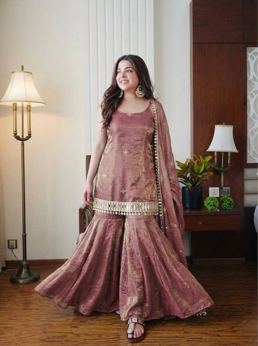 Dusty Rose Color Fendy Silk Sharara Set with Mirror Work for Women | Festive Wear