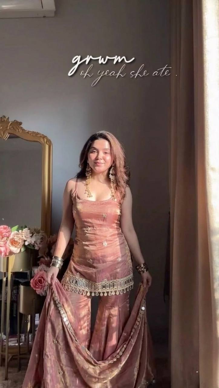Dusty Rose Color Fendy Silk Sharara Set with Mirror Work for Women | Festive Wear