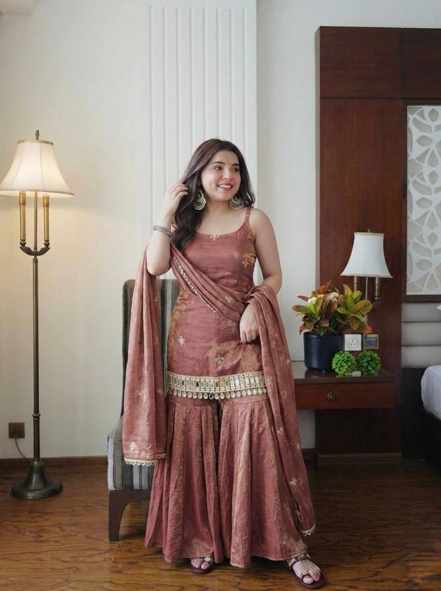Dusty Rose Color Fendy Silk Sharara Set with Mirror Work for Women | Festive Wear