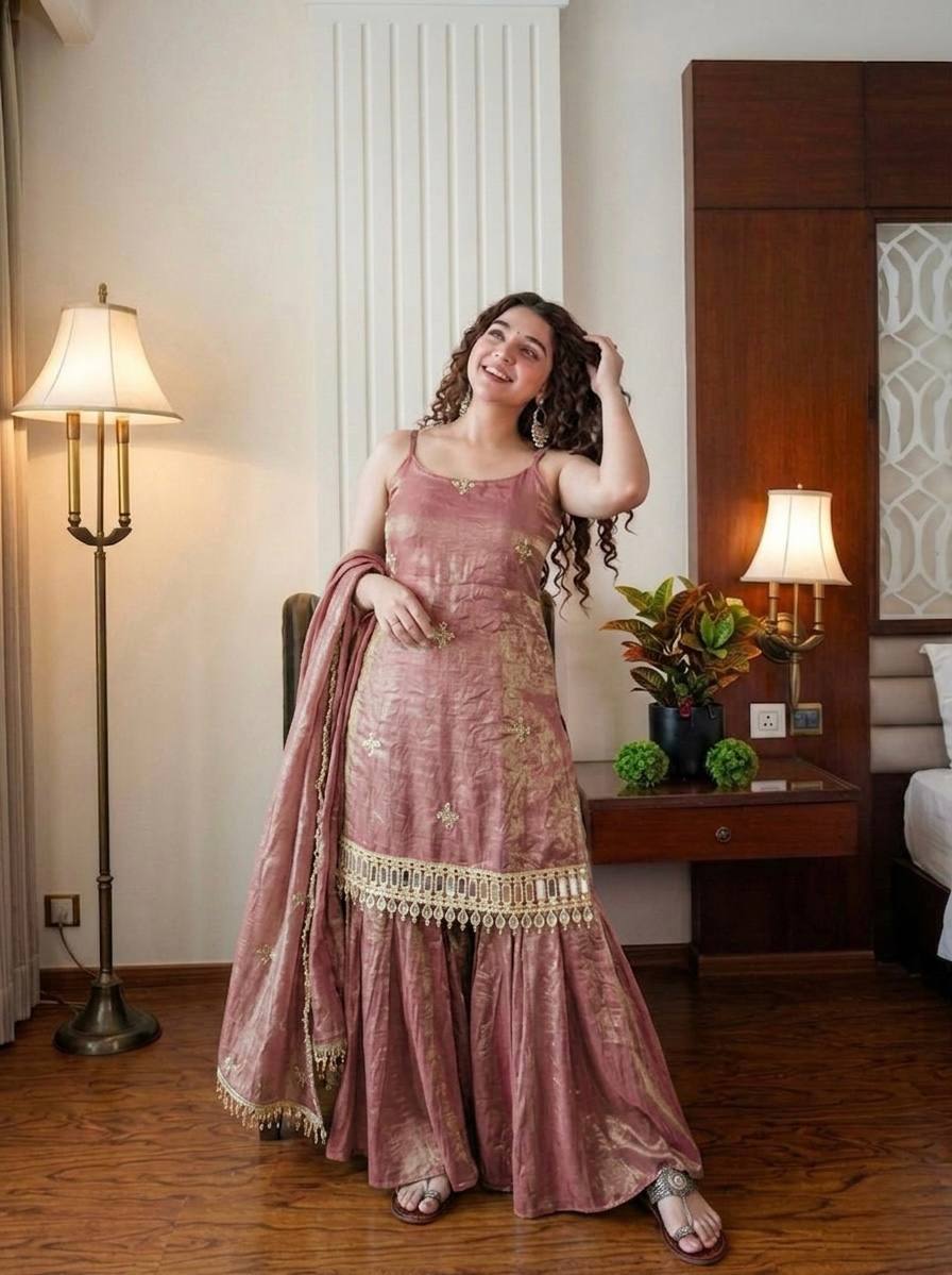 Dusty Rose Color Fendy Silk Sharara Set with Mirror Work for Women | Festive Wear