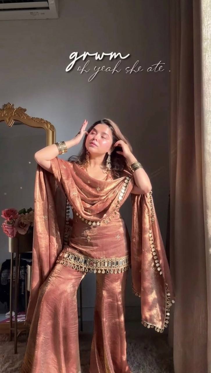 Dusty Rose Color Fendy Silk Sharara Set with Mirror Work for Women | Festive Wear