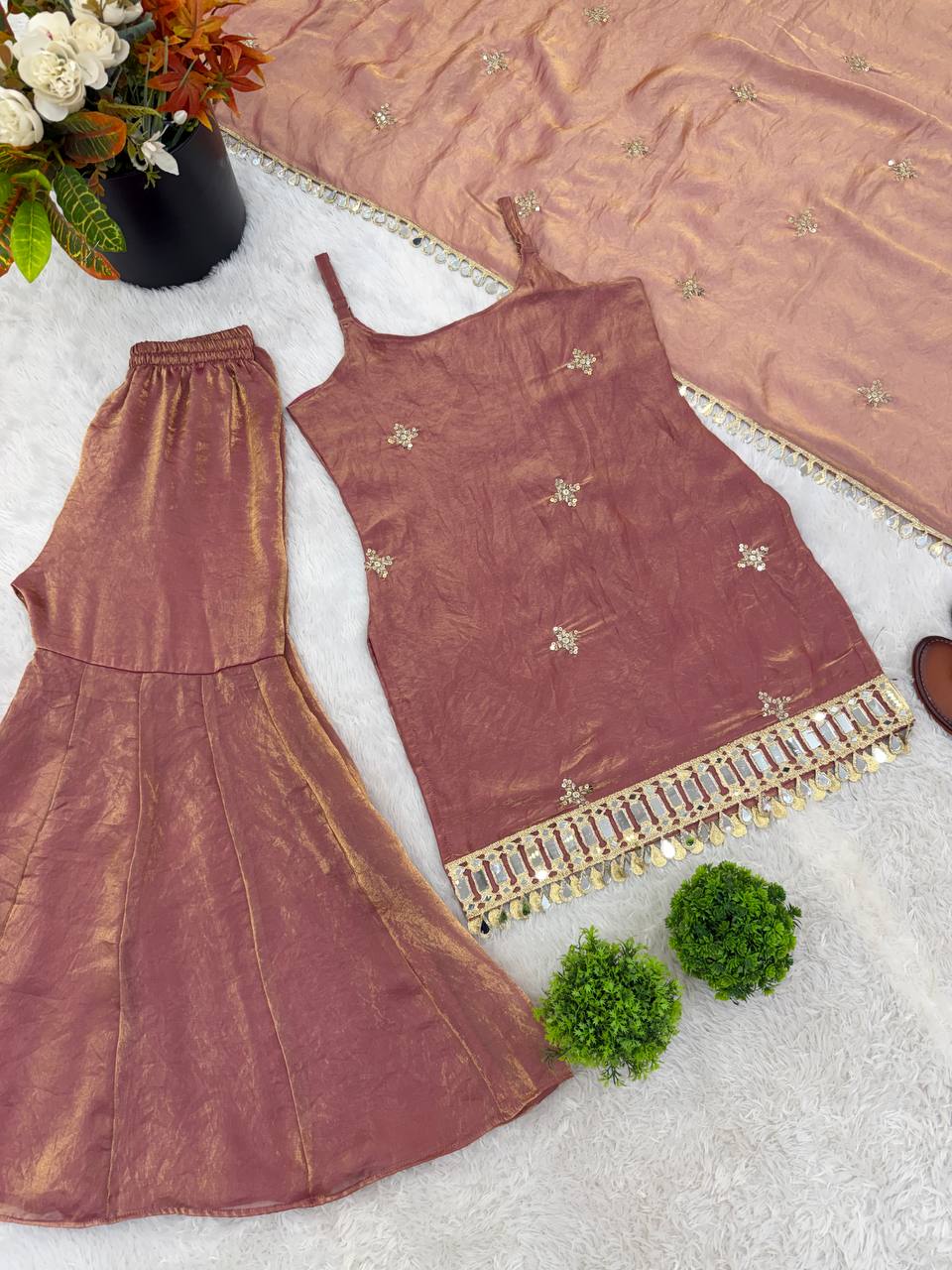 Dusty Rose Color Fendy Silk Sharara Set with Mirror Work for Women | Festive Wear
