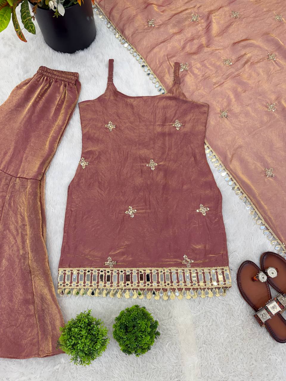 Dusty Rose Color Fendy Silk Sharara Set with Mirror Work for Women | Festive Wear