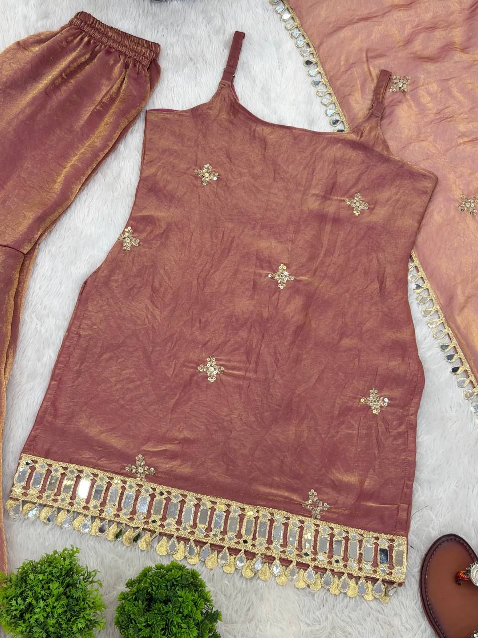 Dusty Rose Color Fendy Silk Sharara Set with Mirror Work for Women | Festive Wear