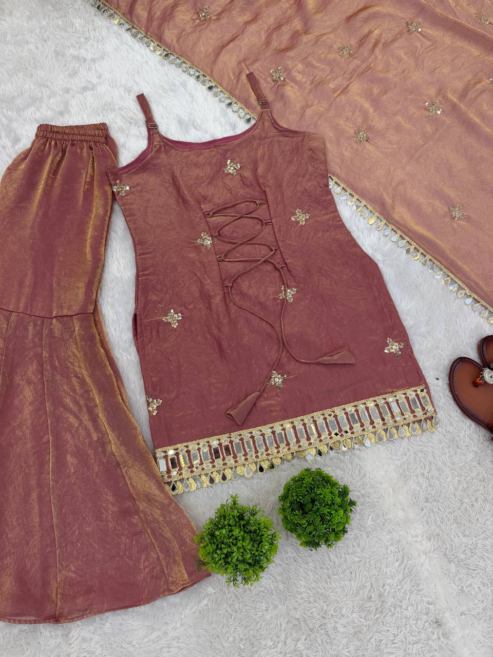 Dusty Rose Color Fendy Silk Sharara Set with Mirror Work for Women | Festive Wear