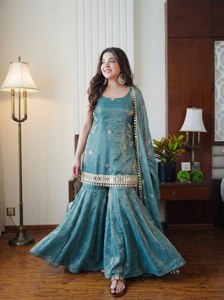 Sea Green Fendy Silk Sharara Set with Mirror Work for Women | Festive Wear
