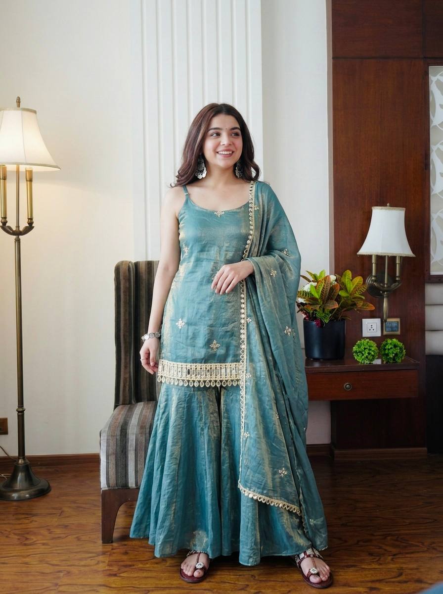 Sea Green Fendy Silk Sharara Set with Mirror Work for Women | Festive Wear