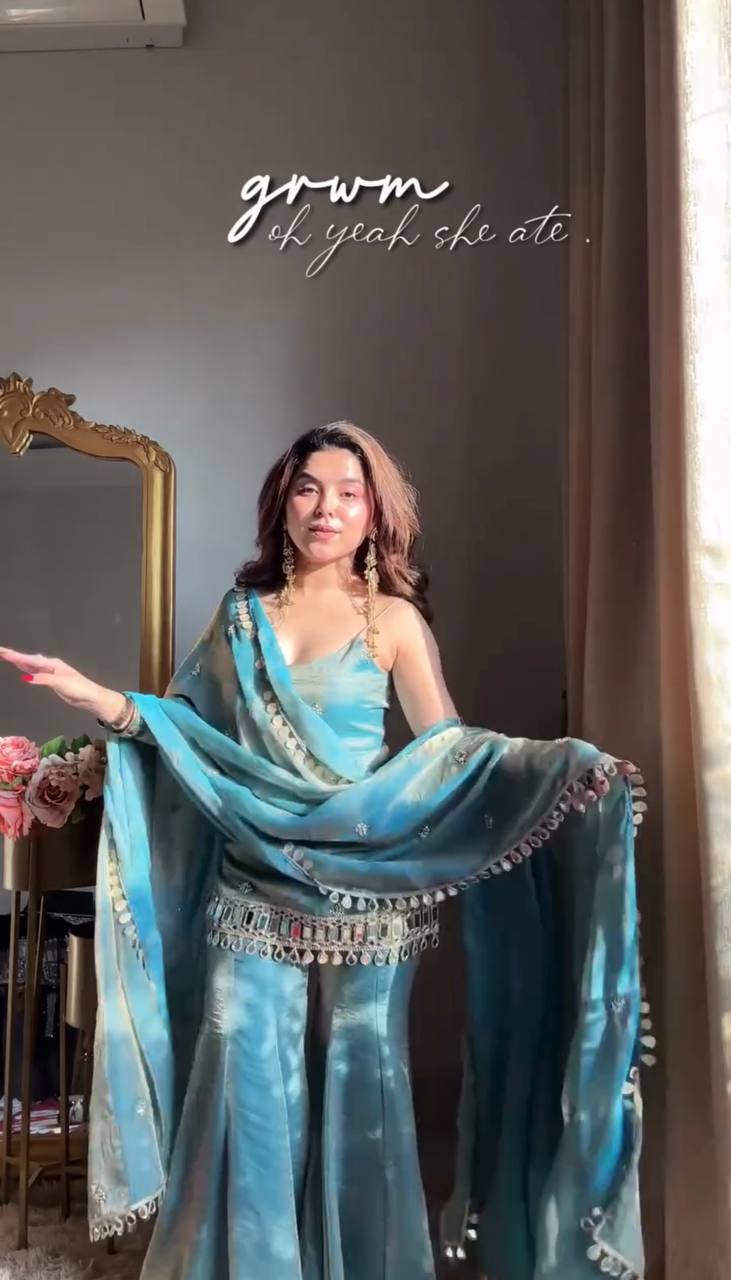 Sea Green Fendy Silk Sharara Set with Mirror Work for Women | Festive Wear