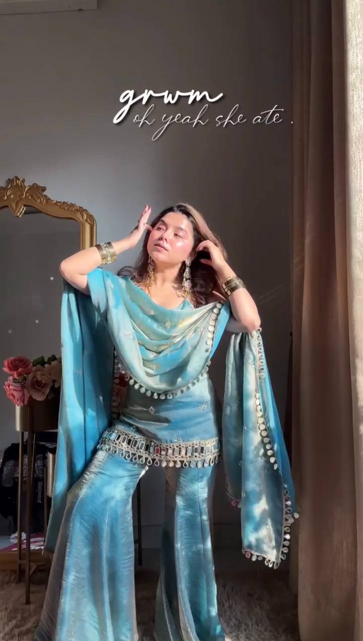 Sea Green Fendy Silk Sharara Set with Mirror Work for Women | Festive Wear