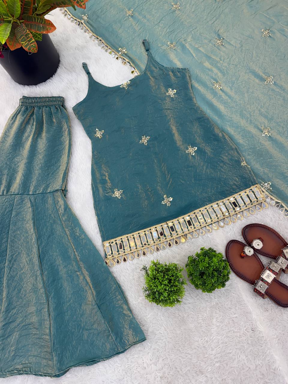 Sea Green Fendy Silk Sharara Set with Mirror Work for Women | Festive Wear