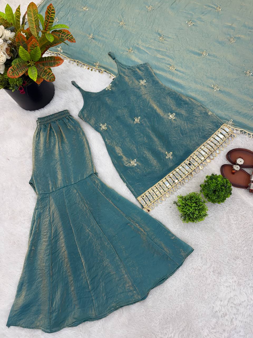 Sea Green Fendy Silk Sharara Set with Mirror Work for Women | Festive Wear