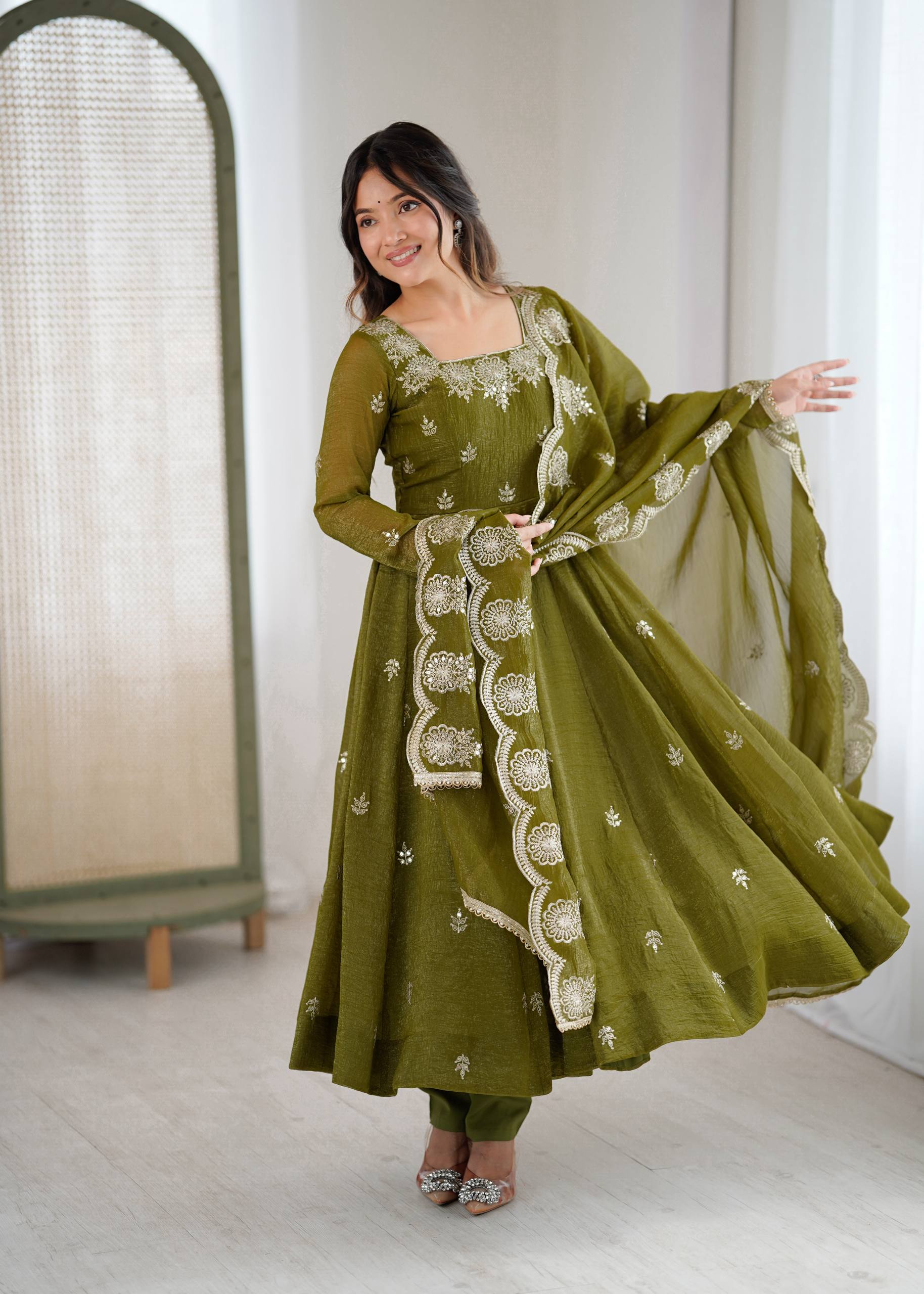 Mehendi Elegant Designer Anarkali Set for Women | Ready to Wear 3 Piece Suit