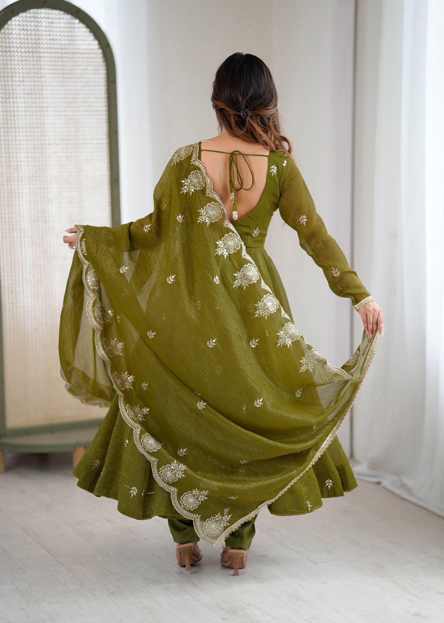 Mehendi Elegant Designer Anarkali Set for Women | Ready to Wear 3 Piece Suit