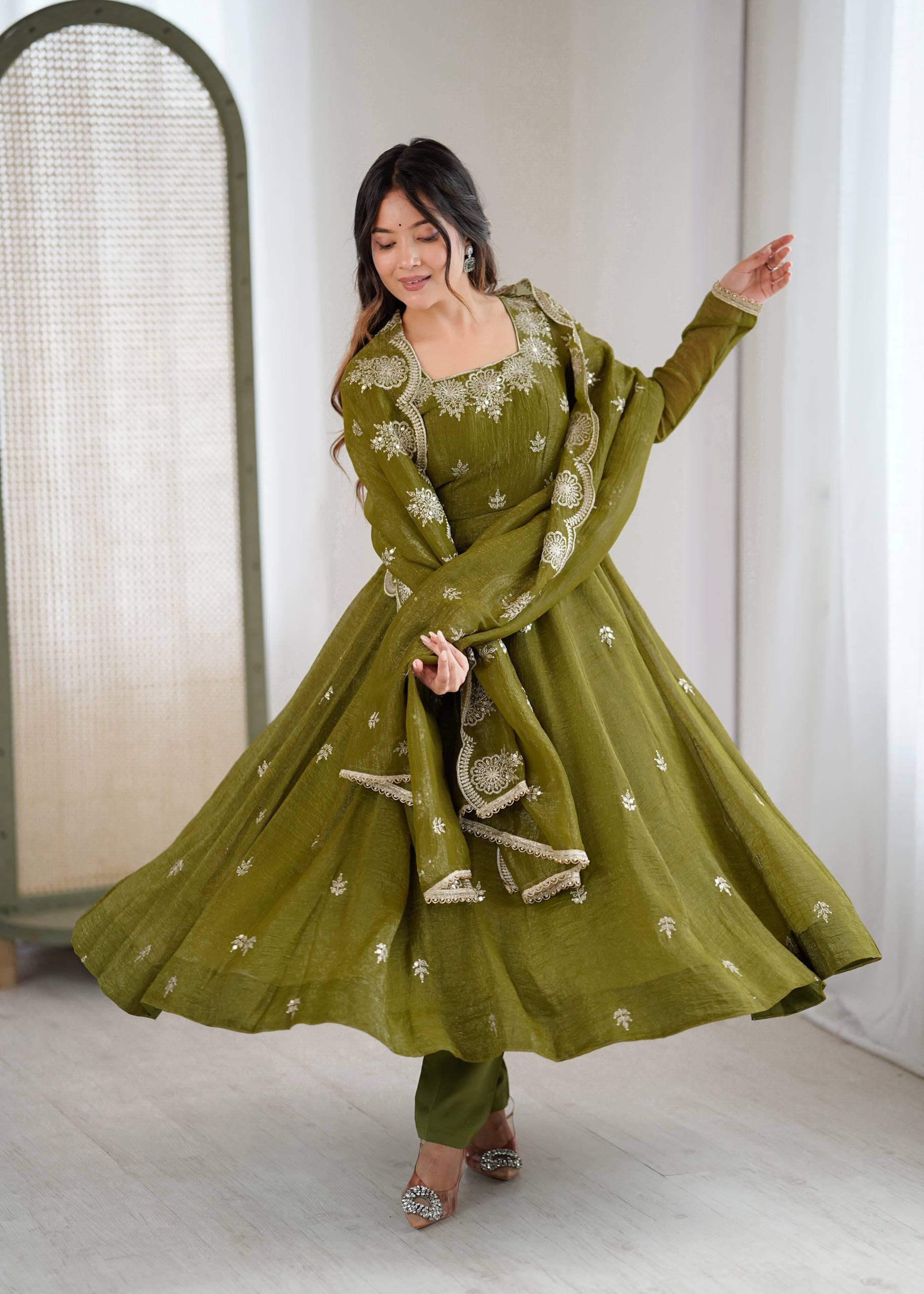 Mehendi Elegant Designer Anarkali Set for Women | Ready to Wear 3 Piece Suit