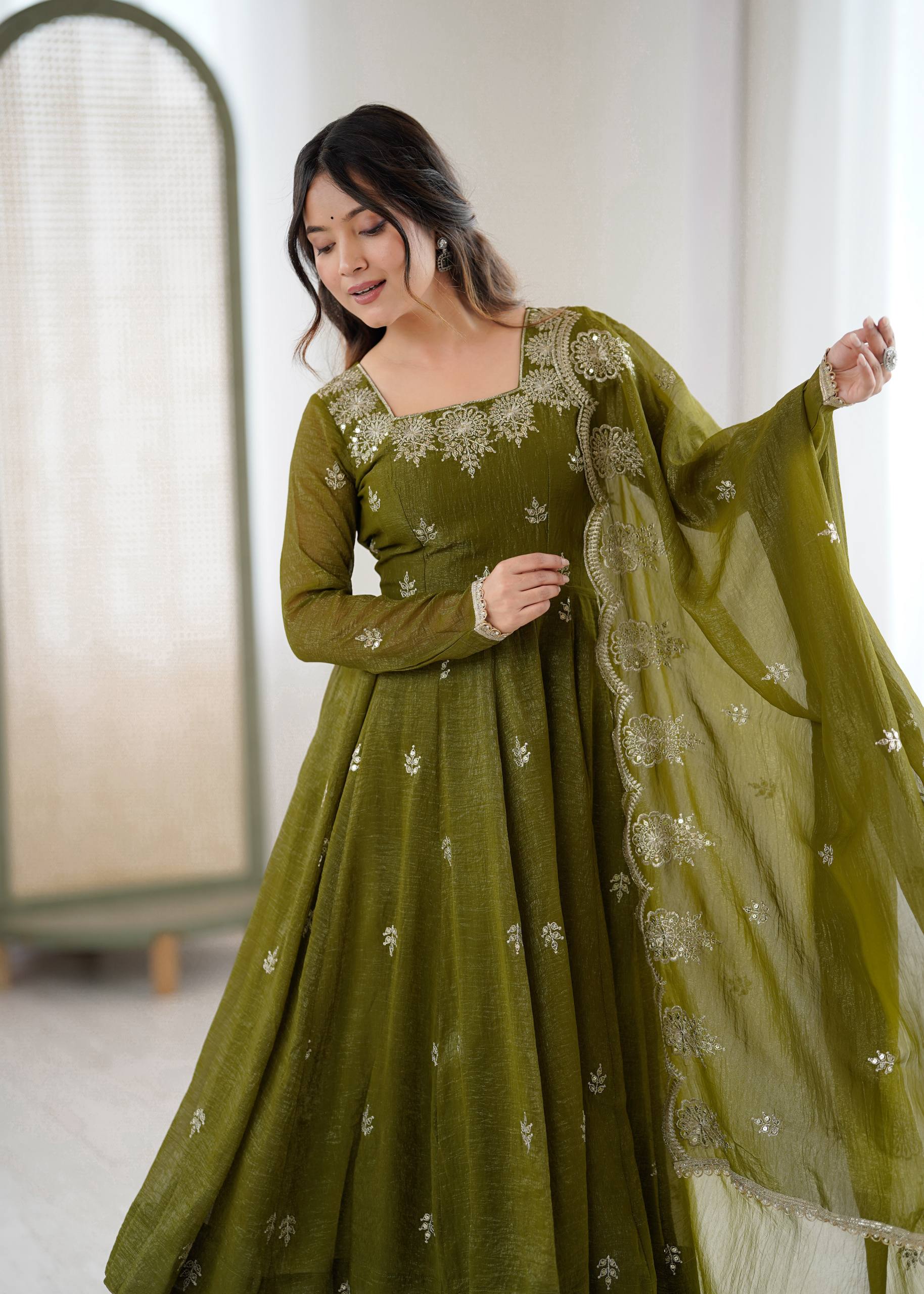 Mehendi Elegant Designer Anarkali Set for Women | Ready to Wear 3 Piece Suit