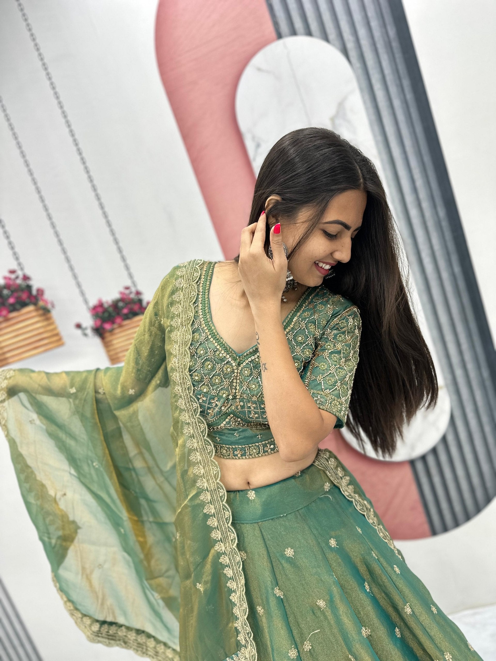 Sage Green Color Mosh Lehenga Choli Set with Dupatta | Heavy Sequence Work Festive Wear