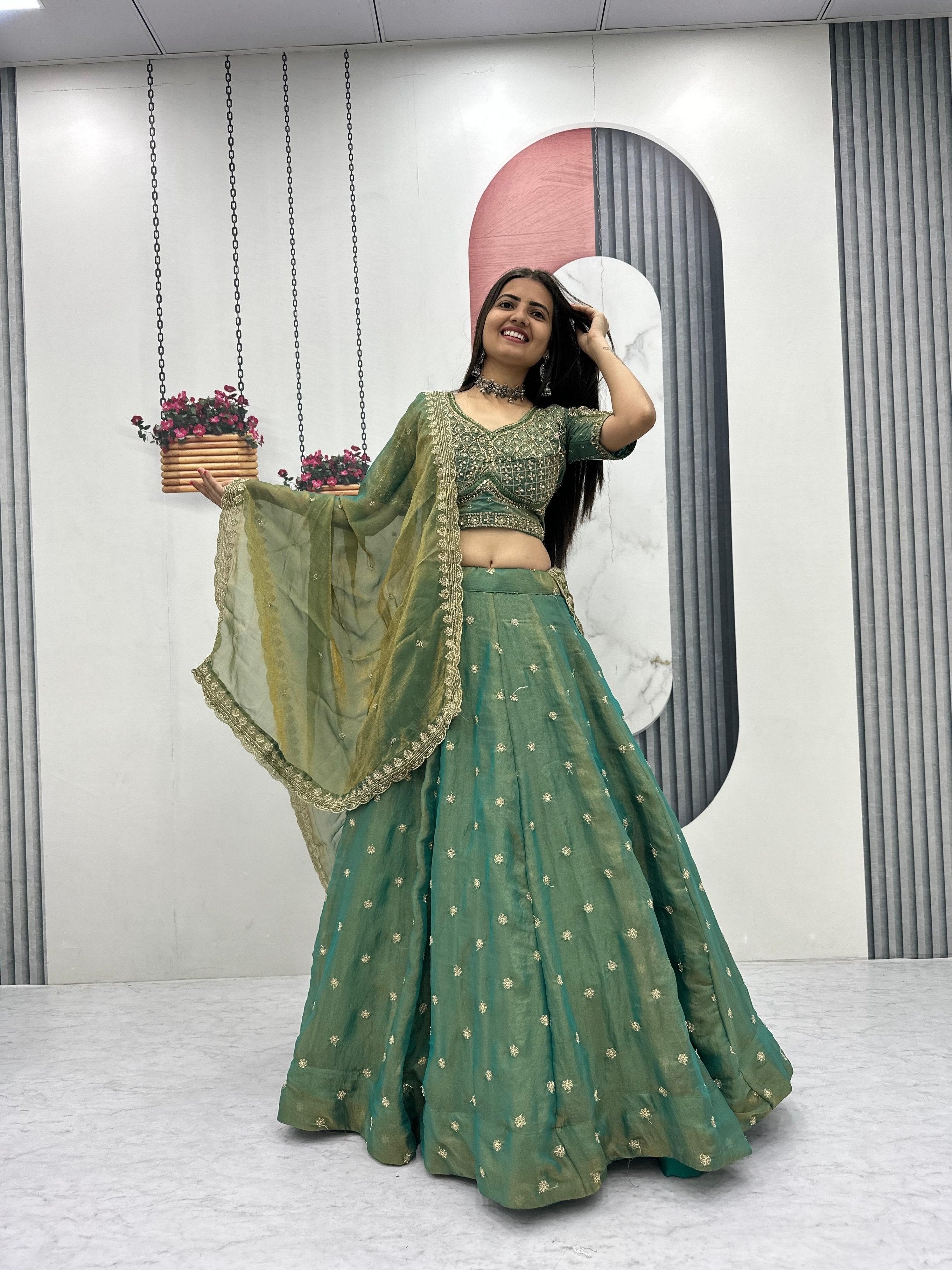 Sage Green Color Mosh Lehenga Choli Set with Dupatta | Heavy Sequence Work Festive Wear