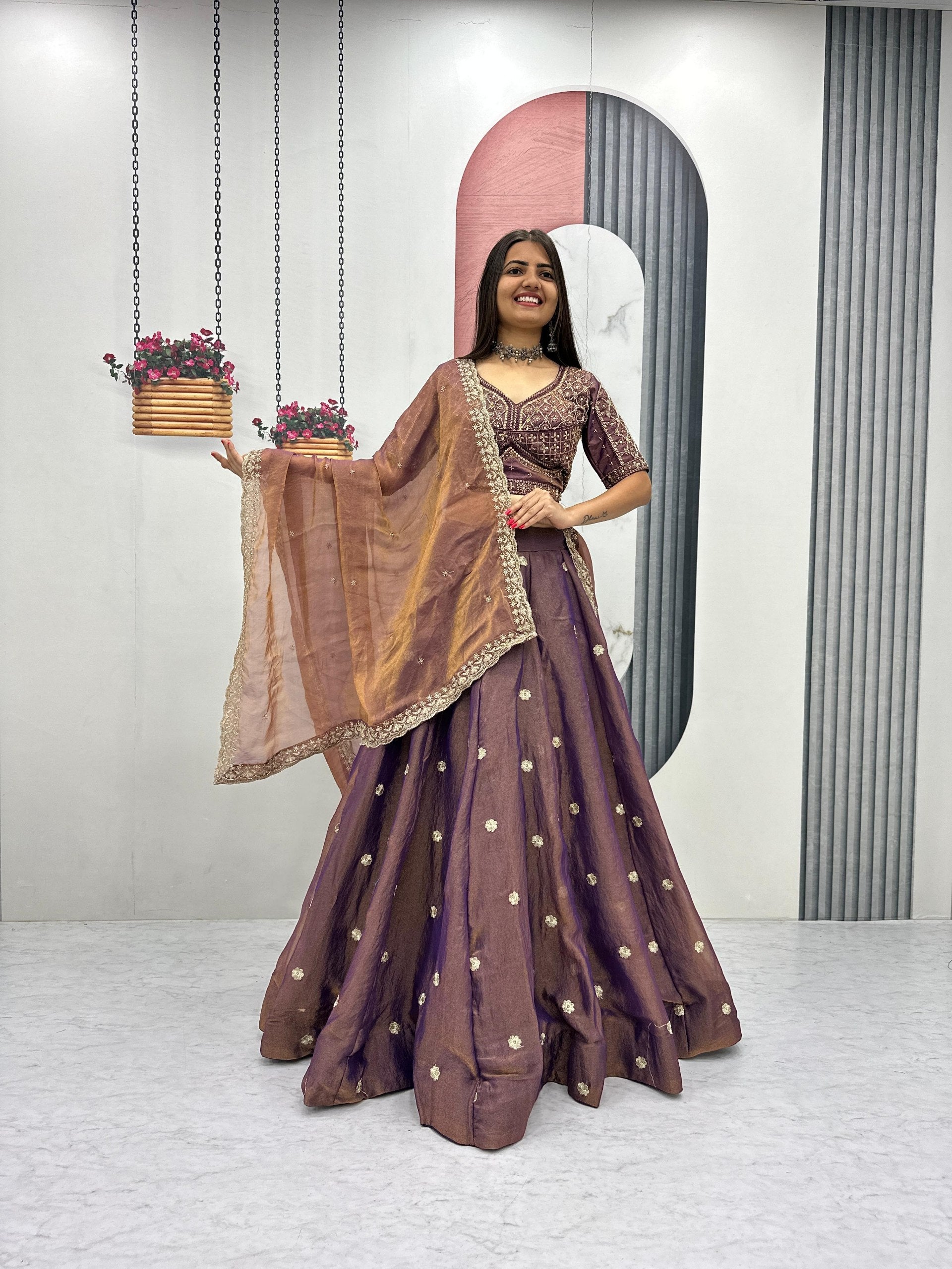 Smoky Wine Color Mosh Lehenga Choli Set with Dupatta | Heavy Sequence Work Festive Wear