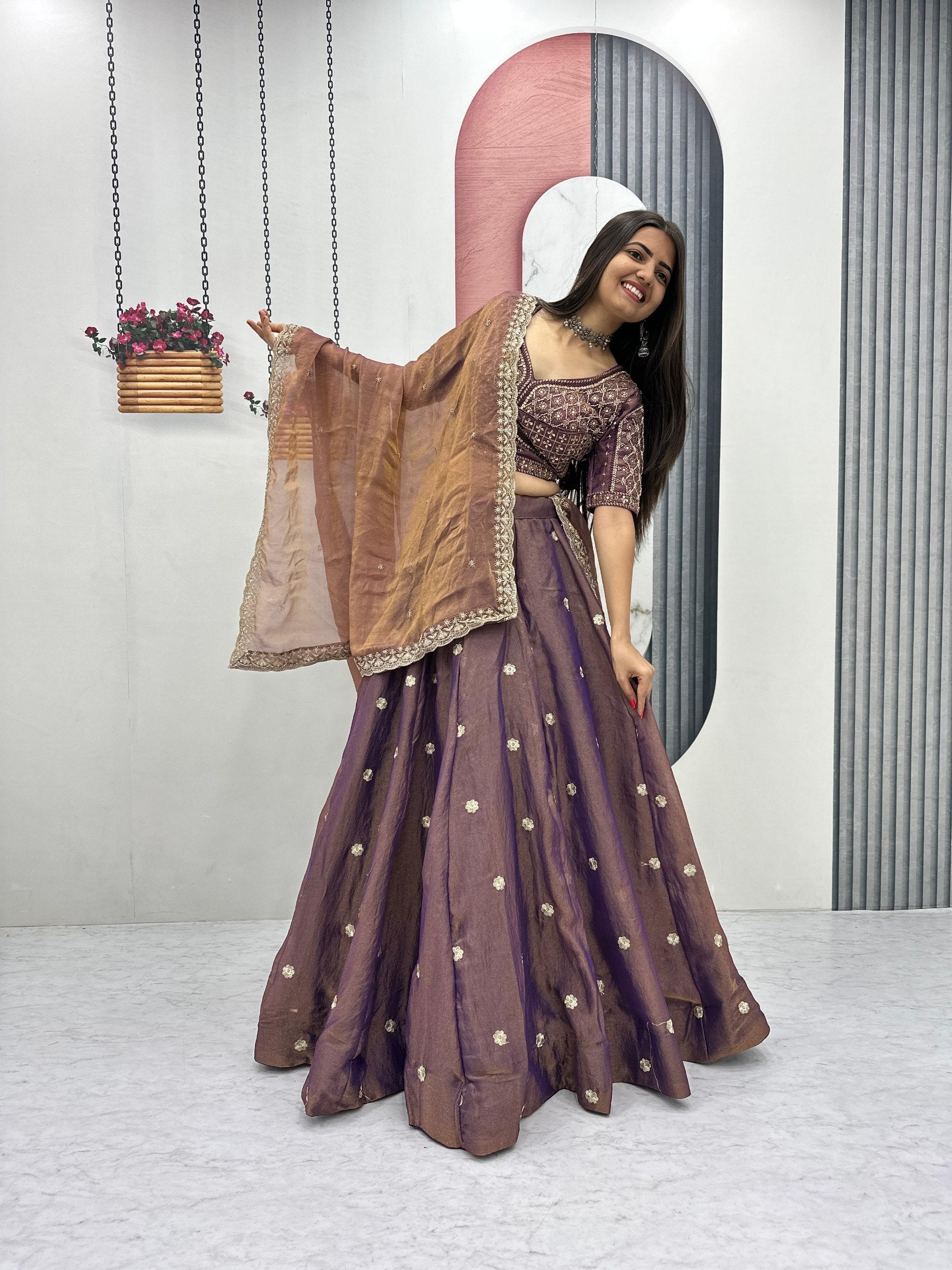 Smoky Wine Color Mosh Lehenga Choli Set with Dupatta | Heavy Sequence Work Festive Wear